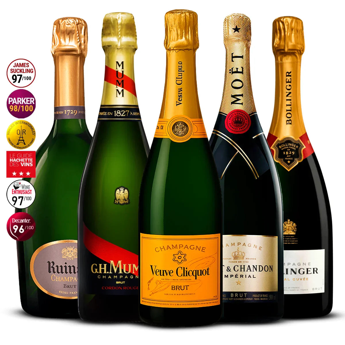 5 Champagne Set: Ruinart Brut, G.H. Mumm Cordon Rouge, Veuve Clicquot Brut, Moët & Chandon Impérial, Bollinger Special Cuvée 5×750 ml