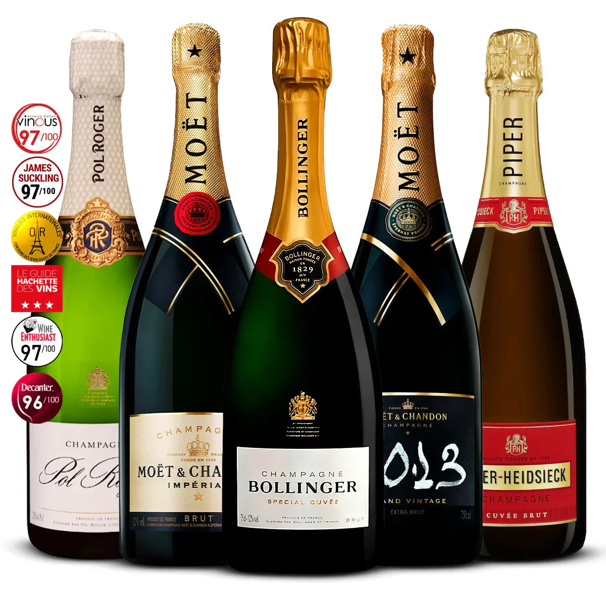 5 Champagne Set: Pol Roger Réserve Brut, Moët & Chandon Impérial, Bollinger Special Cuvée, Moët & Chandon Grand Vintage, Piper-Heidsieck Cuvée Brut 5×750 ml